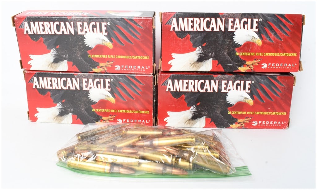 A Lot of 70 Federal American Eagle .223 Remington Centerfire Rifle Cartridges: This lot of ammunition consists of 70 rounds of Federal Ammunition under the American Eagle brand, chambered in .223 Remington and loaded with 62-grain Full Metal Jacket Boat Tail (FMJ BT) bullets. Th