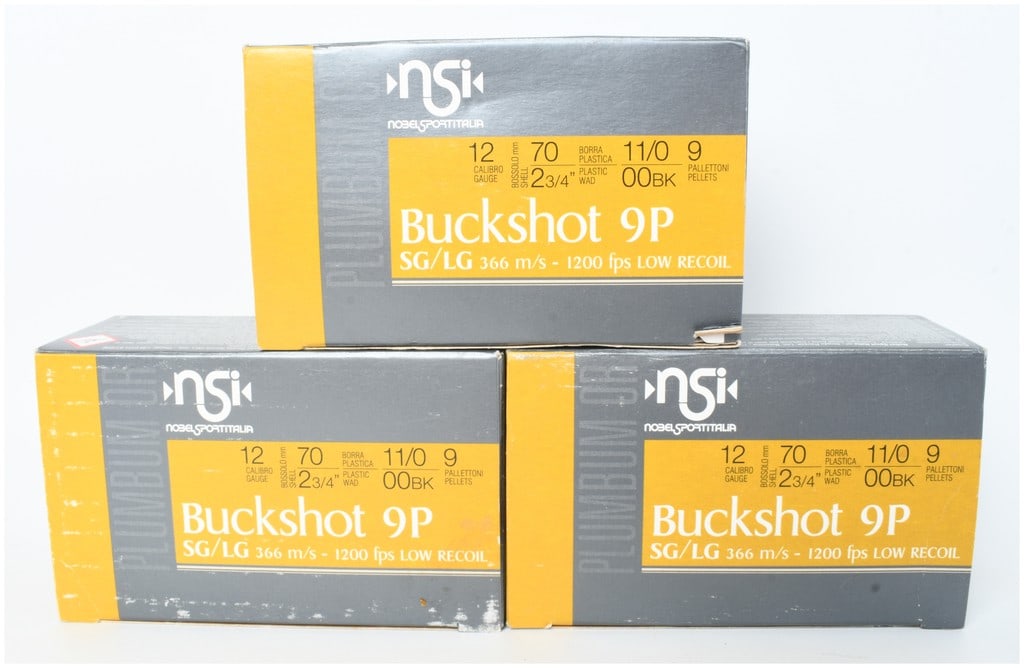 A Lot of 30 Rounds of Nobel Sport Italia Buckshot 9P 12 Gauge Ammunition: This lot consists of thirty rounds of Nobel Sport Italia (NSI) 12-gauge shotgun ammunition, presented in three original boxes containing ten rounds each. These 2 3/4-inch (70mm) shells are designated 