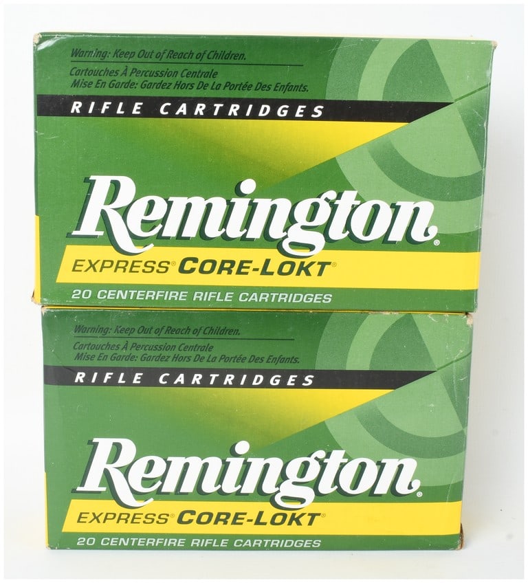 A Lot of 40 Remington Express Core-Lokt .30-40 Krag Centerfire Rifle Cartridges: This lot consists of forty rounds of centerfire rifle ammunition produced by Remington as part of their Express Core-Lokt line. These cartridges are chambered in .30-40 Krag and utilize 180-grain Core