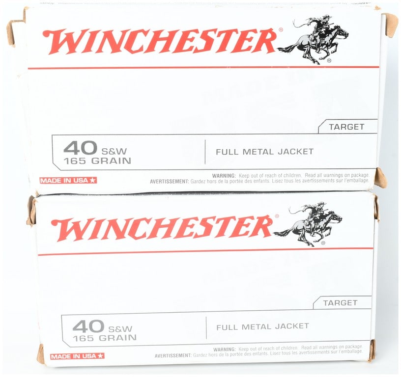 A Lot of 100 Rounds of Winchester Target .40 S&W 165 Grain Full Metal Jacket Ammunition: This lot consists of two boxes of Winchester Target ammunition chambered in .40 S&W, providing a total of 100 rounds of centerfire handgun ammunition. Each cartridge is loaded with a 165-grain full me