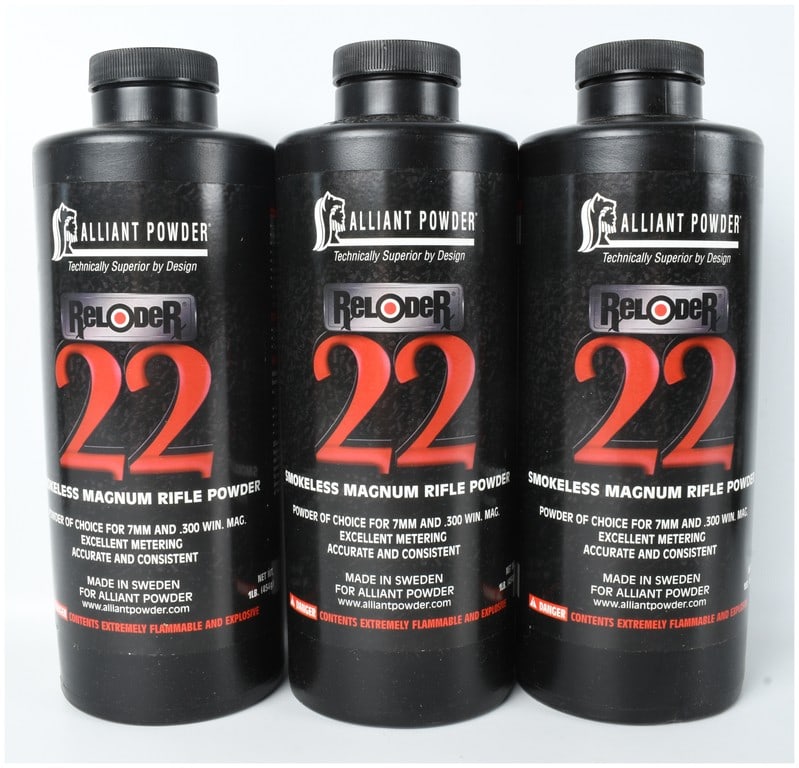 Three 1-Pound Containers of Alliant Powder Reloder 22 Smokeless Magnum Rifle Powder (1 of 2)