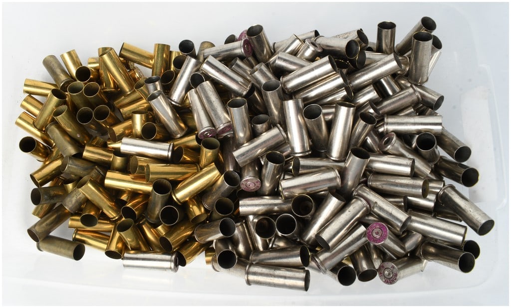 300 .44 Remington Magnum Brass and Nickel-Plated Spent Ammunition Shell Casings: This lot consists of 300 spent ammunition shell casings in .44 Remington Magnum caliber. The collection is comprised of 150 brass casings and 150 nickel-plated brass casings. Visual inspection of the 