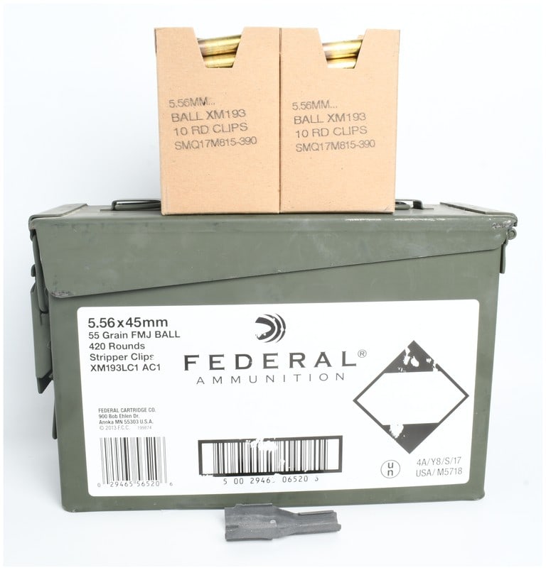 A Lot of 450 Rounds of Federal Ammunition XM193 5.56x45mm NATO Ammunition: This lot consists of 450 rounds of Federal Ammunition 5.56x45mm NATO caliber cartridges. The ammunition is 55-grain Full Metal Jacket ball, specifically model XM193, and is mounted on 10-round 5.56x45