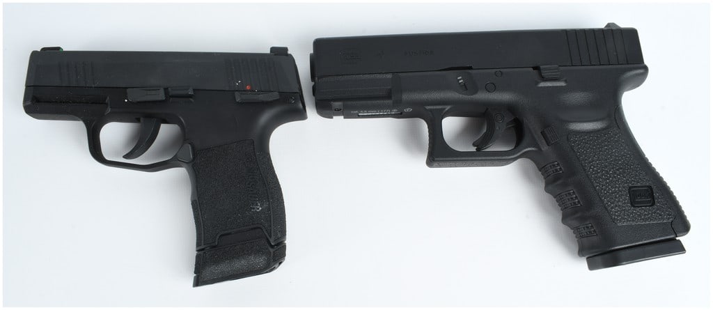 Two .177 Caliber Air Pistols Modeled After Sig Sauer P365 and Glock 19: This lot features two semi-automatic style air pistols and their corresponding magazines. The first pistol is designed in the style of a Sig Sauer p365 semi auto pistol 9mm, featuring a matte black fi