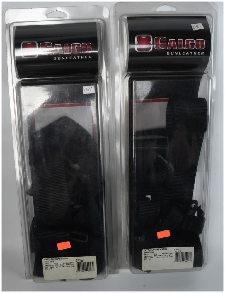 A Pair of Galco Battl Shotgun Slings: Two Galco Gunleather BATTL (Battle) slings for shotguns, manufacturer model number BTL-12B. These black synthetic webbing slings are designed for ambidextrous use and are compatible with Remington 870