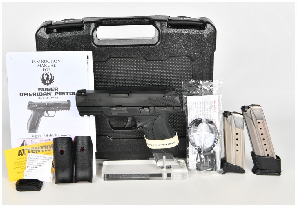 Ruger American Pistol Compact Semi-Automatic Pistol 9mm Luger with 3.55 Inch Barrel: This lot features a brand new Ruger American Pistol Compact, a striker-fired semi-automatic handgun chambered in 9mm Luger. The firearm is equipped with a 3.55-inch barrel and a black nitride-finished