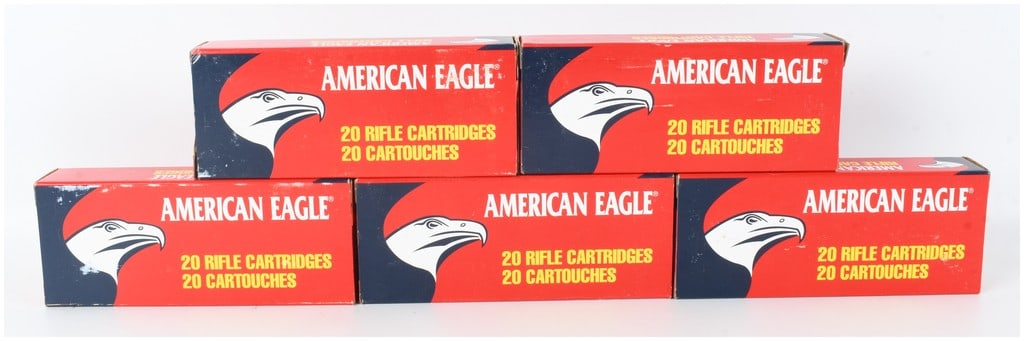 A Lot of 100 Rounds of Federal American Eagle 7.62 x 39mm Soviet Ammunition: This lot consists of 100 rounds of Federal American Eagle brand 7.62 x 39mm Soviet centerfire rifle ammunition. The cartridges are loaded with 124-grain metal case bullets, which are full metal jacket