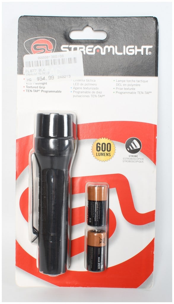 Streamlight PolyTac LED Handheld Flashlight in Original Packaging: This Streamlight PolyTac LED flashlight is a handheld tactical-style light featuring a black high-impact nylon polymer body with a textured grip and a removable steel pocket clip. According to the man