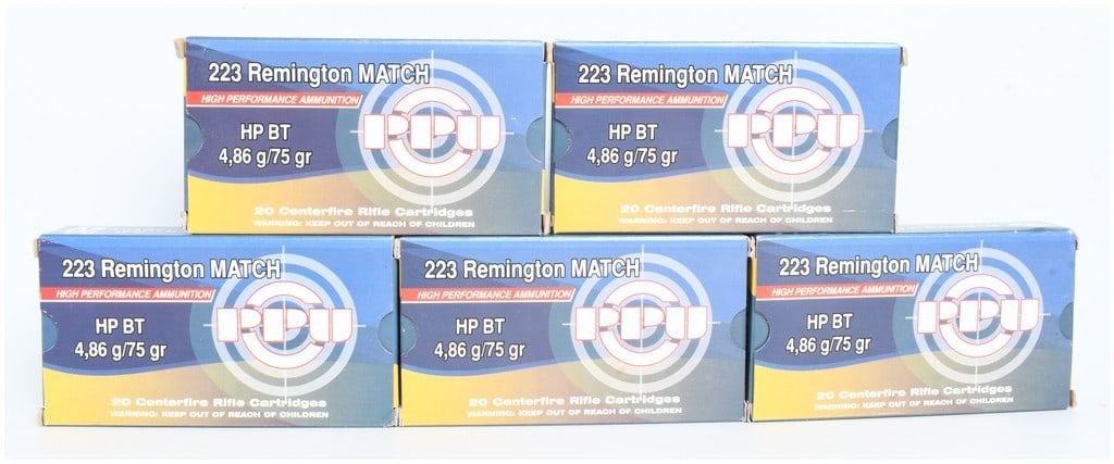 PPU .223 Remington Match 75 Grain HP BT Ammunition Lot of 100 Rounds: This lot consists of 100 rounds of PPU (Prvi Partizan) .223 Remington Match centerfire rifle ammunition, contained within five retail boxes of 20 cartridges each. The ammunition is loaded with 75-grai