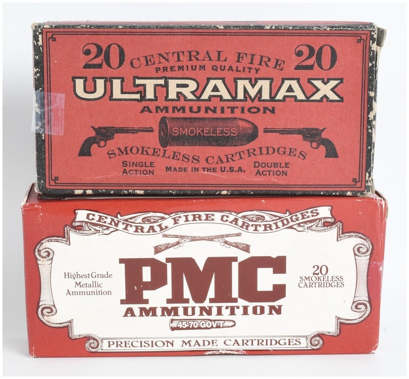 Forty Rounds of .45-70 Government Caliber Ammunition by Ultramax and PMC: A collection of forty rounds of .45-70 Government caliber centerfire ammunition. The lot includes one box of twenty Ultramax smokeless cartridges featuring 405-grain round nose flat point lead bullets