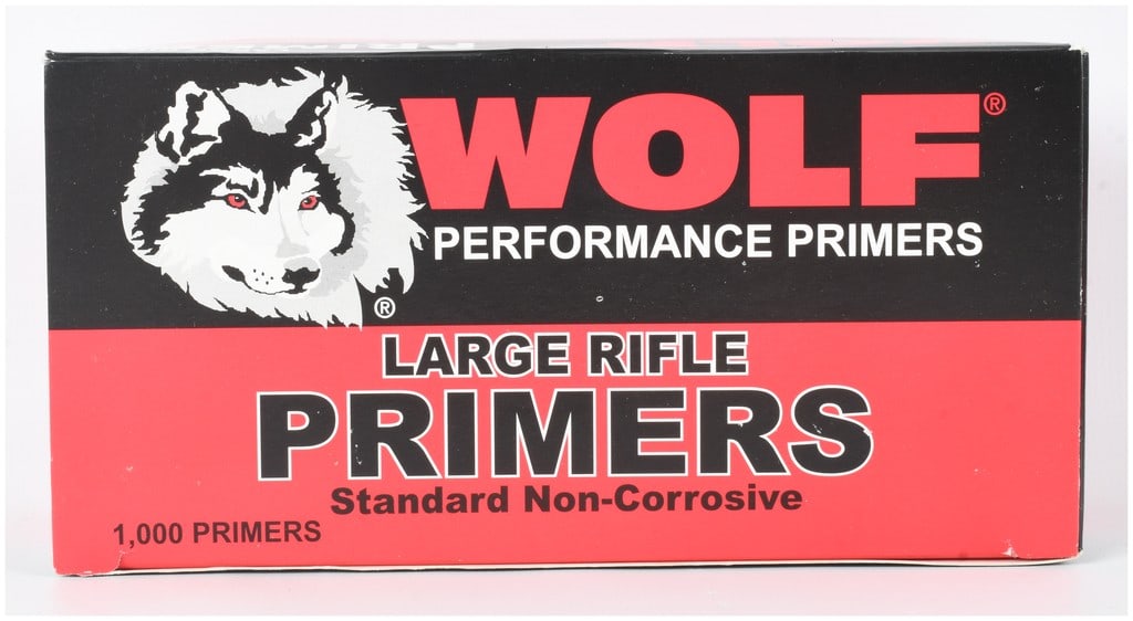 1,000 Wolf Performance Large Rifle Primers: This lot consists of 1,000 Wolf Performance Large Rifle Primers. These components are standard, non-corrosive primers designed for reloading rifle ammunition. The items are presented in their