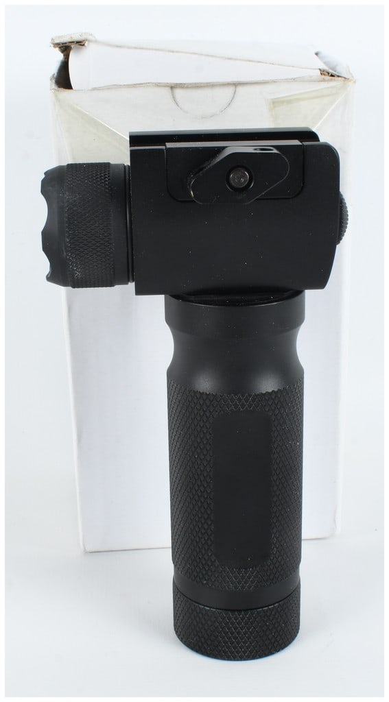 Tactical Aluminum Vertical Foregrip with Integrated LED Flashlight and Laser Sight: A tactical vertical foregrip constructed of aluminum with a matte black finish, featuring an integrated front grip w/light and laser sight. The unit is designed with a knurled handle for improved
