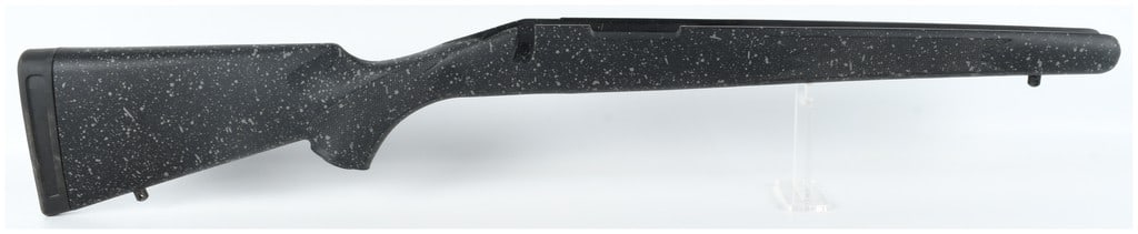 Bergara Short Action Synthetic Sporter Rifle Stock New Take Off: This Bergara short action synthetic rifle stock is a new take off component featuring a sporter-style profile. The exterior is finished in black with a grey and white speckled spiderweb texture. Funct