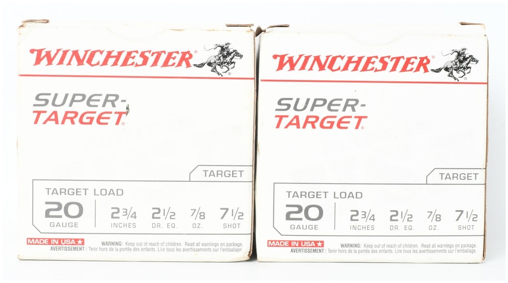 A Lot of 50 Winchester Super-Target Shotgun Ammunition 20 Gauge: This lot contains a total of 50 rounds of Winchester Super-Target 20-gauge shotgun ammunition, divided into two original 25-round cardboard boxes. These target loads utilize 2 3/4-inch shells