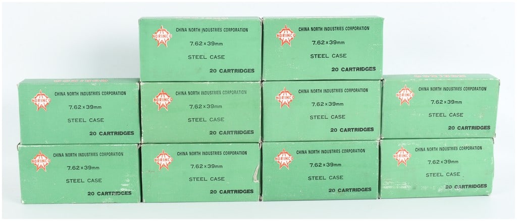 A Lot of 200 Rounds Norinco Steel Case Ammunition 7.62x39mm 1993: This lot consists of a total of 200 rounds of Norinco brand 7.62x39mm ammunition, organized into ten green cardboard boxes each containing 20 cartridges. These rounds were manufactured by the China No