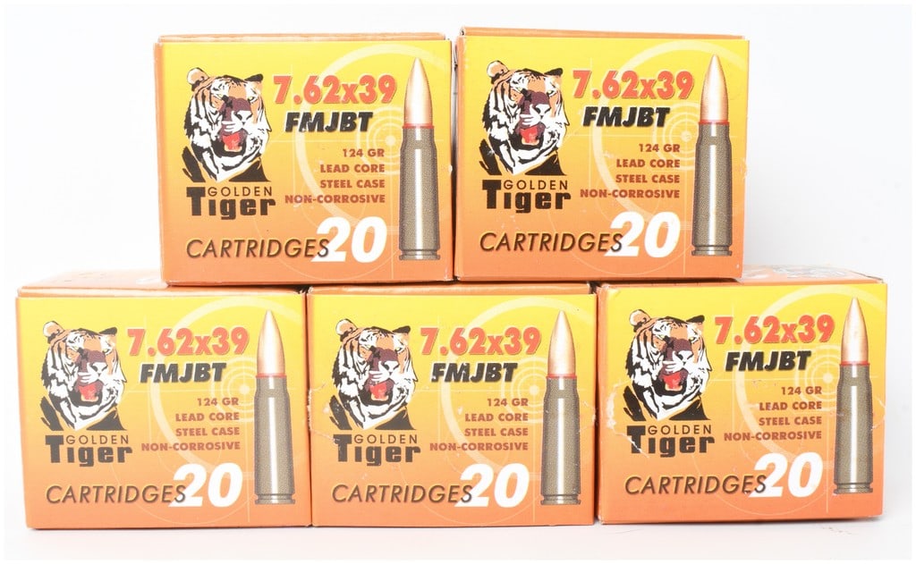 A Lot of 100 Rounds of Golden Tiger 7.62x39mm FMJBT Ammunition: This lot consists of five boxes of Golden Tiger brand ammunition chambered in 7.62x39mm, providing a total of 100 cartridges. Each 20-round box contains 124-grain Full Metal Jacket Boat Tail (FMJBT) p