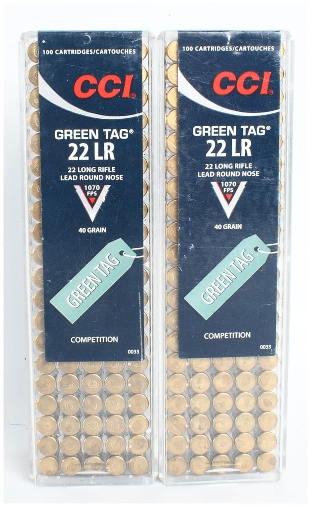 CCI Green Tag Competition .22 Long Rifle Ammunition 200 Cartridges: This lot features 200 cartridges of CCI Green Tag Competition .22 Long Rifle ammunition. The ammunition is loaded with 40-grain lead round nose projectiles specifically designed for precision target s