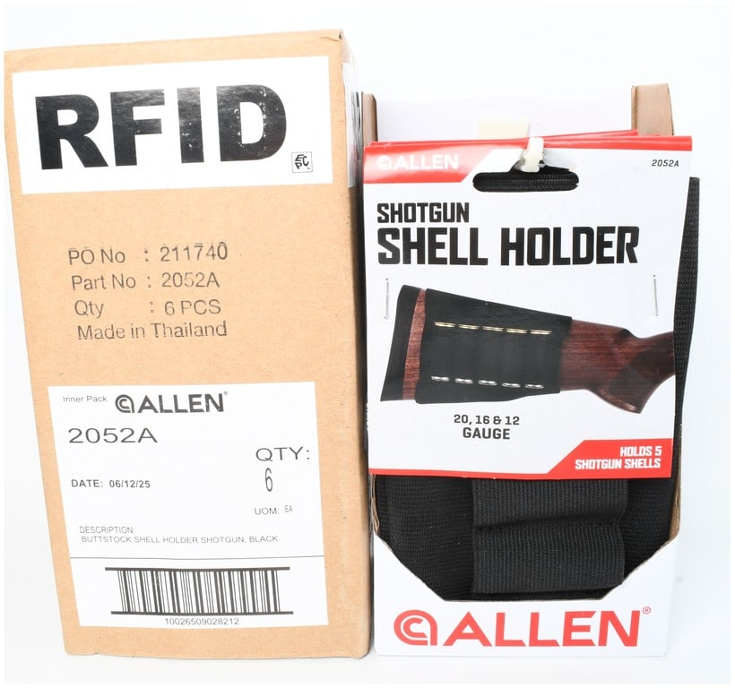 A Lot of Six Allen Company Model 2052A Buttstock Shotgun Shell Holders: This lot features six Allen Company buttstock shotgun shell holders, model 2052A, preserved in their original individual retail packaging and accompanied by the original factory master shipping box. E