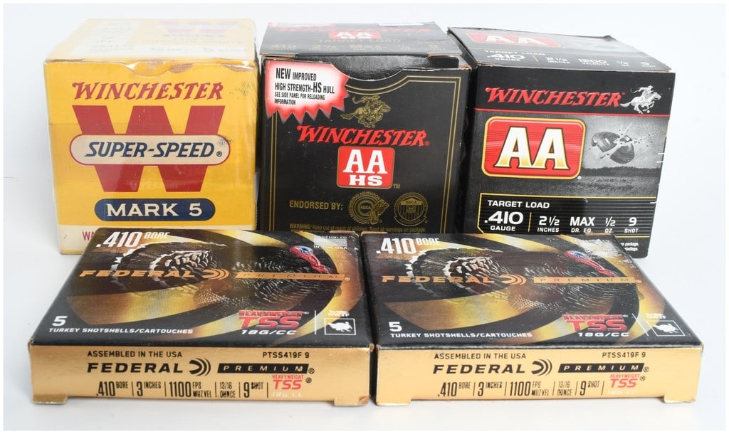 A Lot of 95 Winchester and Federal .410 Gauge Shotgun Shells: This lot comprises a total of 95 .410 gauge shotgun shells from Winchester and Federal. The collection includes one yellow box of Winchester Super-Speed Mark 5 plastic shotgun shells containing 25 rou