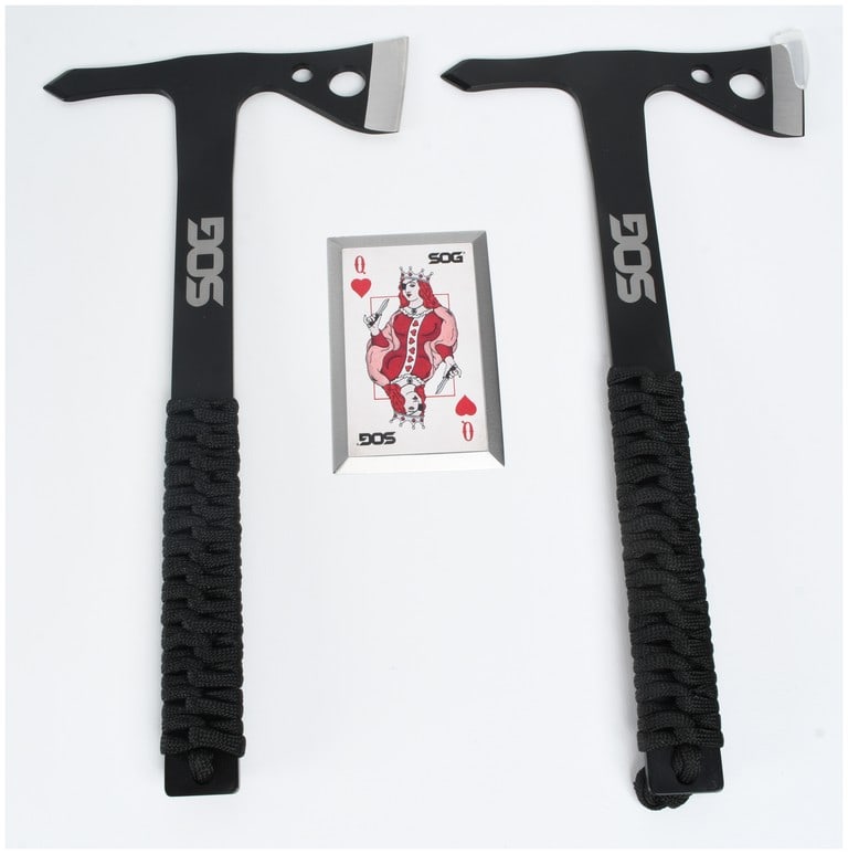 Two SOG Tactical Tomahawks and a Throwing Card: This lot features components from a SOG Tactical Combo kit, consisting of two tactical tomahawks and one throwing card manufactured by SOG Specialty Knives & Tools. The tomahawks are constructed from 