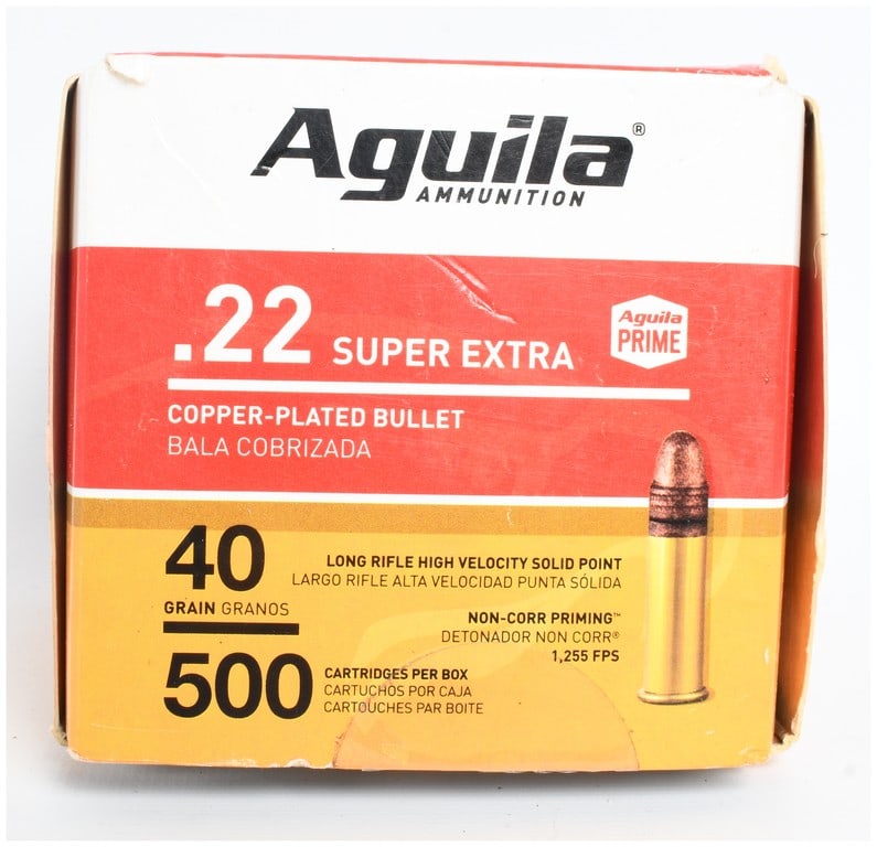 A Lot of 500 Rounds of Aguila Super Extra .22 Long Rifle Rimfire Ammunition: This lot consists of 500 rounds of Aguila Ammunition .22 Long Rifle caliber cartridges. These rimfire rounds feature 40-grain copper-plated solid point bullets designed for high-velocity performance, 