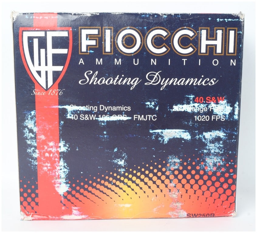 A Lot of 250 Fiocchi Shooting Dynamics Ammunition .40 S&W: A lot of 250 rounds of Fiocchi Shooting Dynamics .40 S&W ammunition. This range-focused ammunition features 165-grain Full Metal Jacket Truncated Cone (FMJTC) projectiles with a factory-listed muzzle 