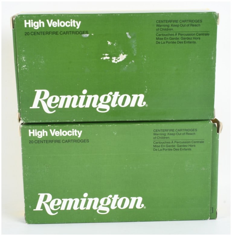 A Lot of 40 Rounds of Remington High Velocity .300 Winchester Magnum Ammunition: This lot features forty rounds of Remington High Velocity centerfire rifle ammunition chambered in .300 Winchester Magnum. The ammunition is housed in two original cardboard boxes, with each box conta