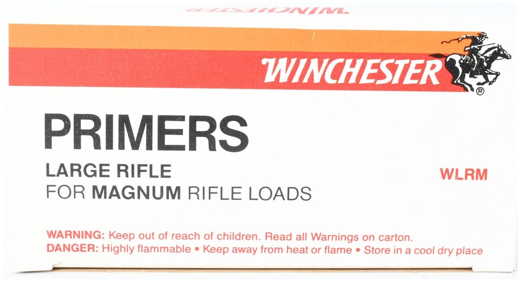 A Single Box of Winchester Large Rifle Magnum Primers, No. WLRM, 1,000 Primers: This lot features a single box of Winchester Large Rifle Magnum Primers, identified by product number WLRM, intended for magnum rifle loads. The cardboard packaging is printed with the red and orange 