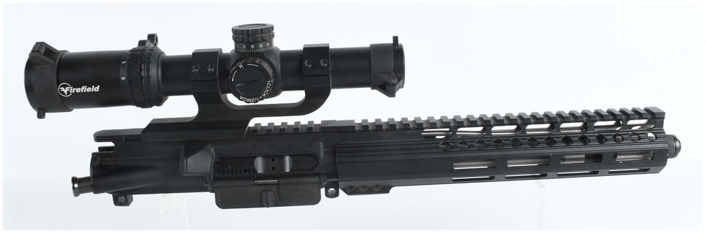 Unmarked AR-15 Pattern Semi-Automatic Upper Receiver Assembly .223 Wylde with 16 Inch Barrel: This AR-15 pattern upper receiver assembly is built on a black finished receiver featuring a standard forward assist and a hinged dust cover. It is equipped with a black free-float handguard that