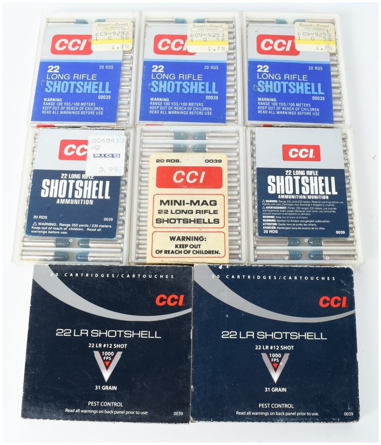 A Lot of 160 CCI .22 Long Rifle Shotshell Ammunition: This lot comprises a collection of 160 rounds of CCI .22 Long Rifle rimfire shotshell ammunition specifically designed for pest control. The ammunition is distributed across eight individual boxes,