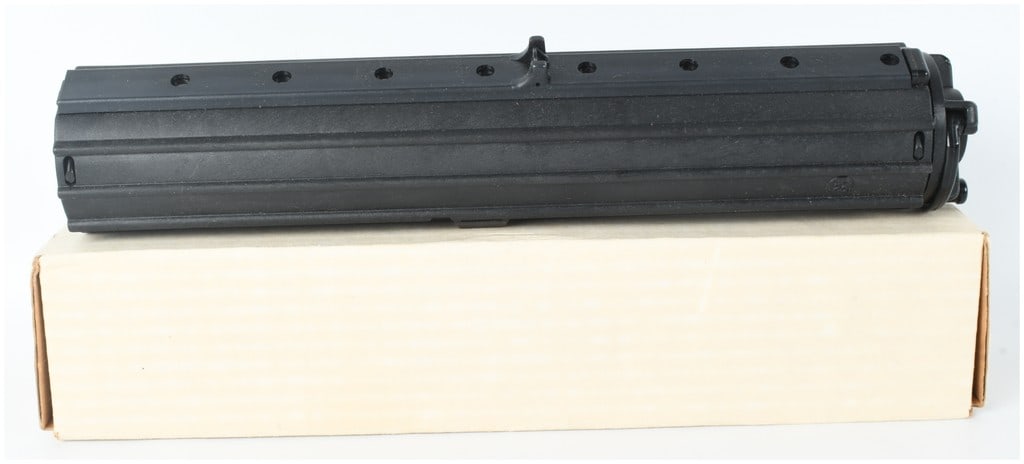 Calico 100-Round Helical Magazine 9mm: This lot consists of a single 100-round high-capacity helical magazine manufactured by Calico Light Weapons Systems for use with their 9mm caliber firearms, such as the M900 carbine and M950 pistol.