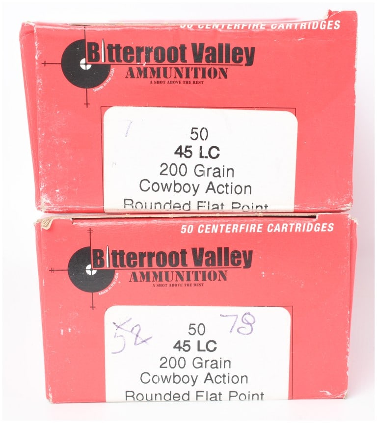 A Lot of 100 Bitterroot Valley Ammunition Cowboy Action Centerfire Cartridges .45 LC: This lot features a total of 100 rounds of Bitterroot Valley Ammunition chambered in .45 Long Colt (.45 LC). These centerfire cartridges are loaded with 200-grain lead projectiles featuring a rounded