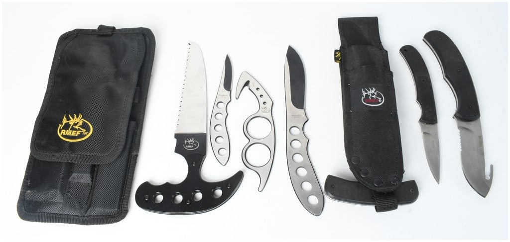 Two Rocky Mountain Elk Foundation RMEF Hunting and Field Dressing Knife Sets with Sheaths: This listing consists of two Rocky Mountain Elk Foundation (RMEF) hunting and game processing knife sets produced in association with Browning. The first set is an RMEF four-piece skeletonized field