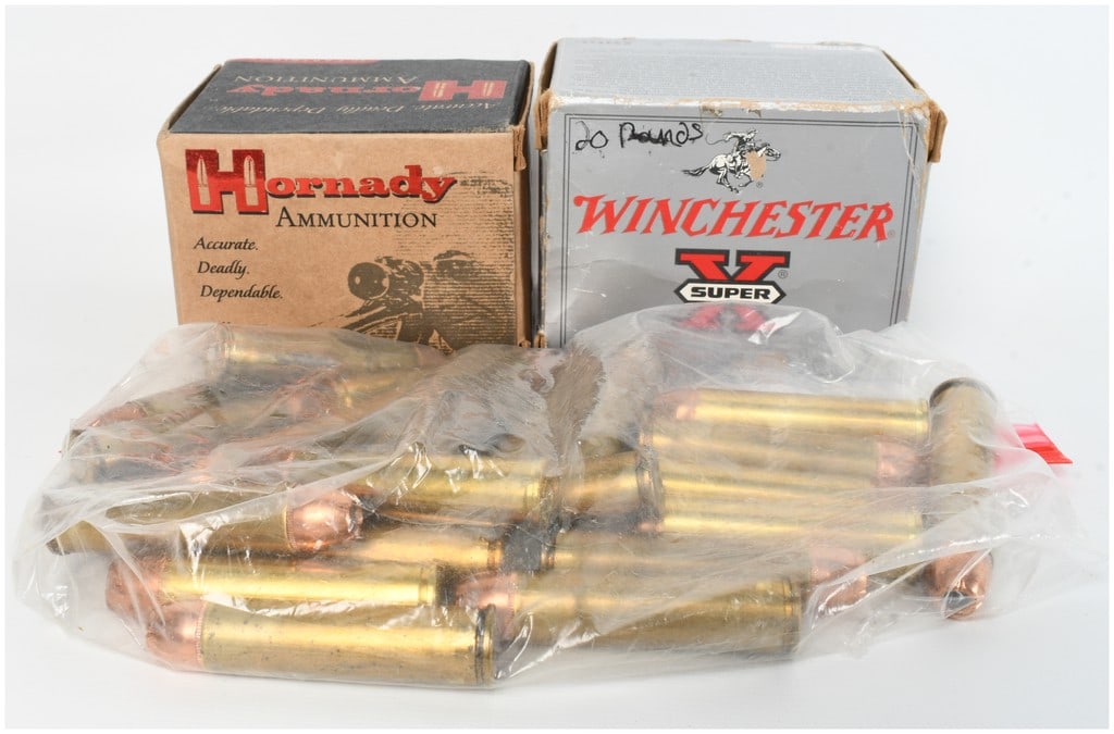 A Lot of 63 Rounds of Hornady and Winchester .460 S&W Magnum Ammunition: This lot consists of 63 rounds of .460 S&W Magnum ammunition from prominent manufacturers Hornady and Winchester. The Hornady portion includes Custom line cartridges topped with 200 grain FTX red poly