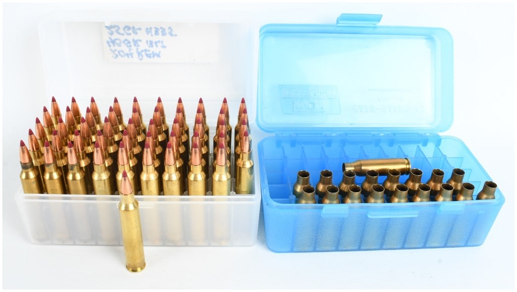 A Lot of 50 Rounds of .221 Remington Fireball Ammunition and 18 Empty Brass Casings: This lot consists of 50 rounds of .221 Remington Fireball centerfire ammunition along with 18 empty brass casings. The loaded rounds are fitted with jacketed projectiles featuring red polymer tips, su