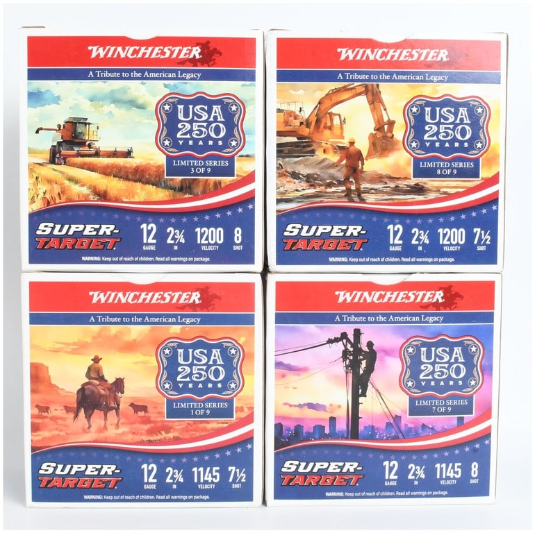 A Lot of 100 Rounds Winchester Super-Target USA 250 Years Limited Series 12 Gauge Ammunition: This lot features a collection of 100 rounds of Winchester Super-Target 12-gauge shotgun ammunition, comprised of four individual 25-round boxes from the USA 250 Years Limited Series commemorative