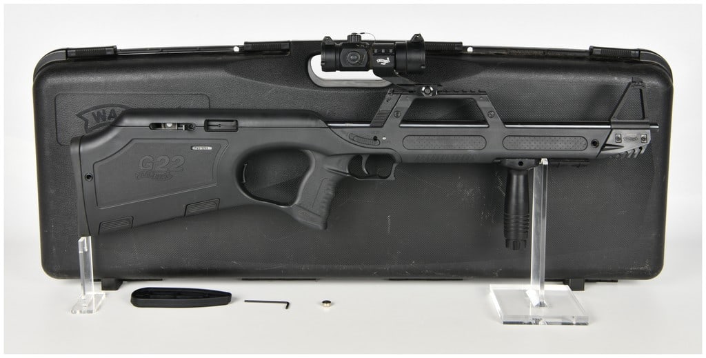 Walther G22 Semi-Automatic Bullpup Rifle .22 Long Rifle with 20 Inch Barrel: This is a Walther G22 semi-automatic bullpup rifle chambered in .22 Long Rifle, designed for sporting and target applications in a compact configuration. It features a 20 inch barrel with a matte blac