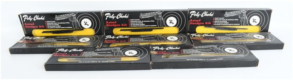 8 Poly-Choke Raised Handgun Rib Kits: A group of 8 vintage Poly-Choke raised handgun rib kits in their original retail packaging. The manufacturer is identified as The Poly-Choke Co., Inc., based in Hartford, Connecticut. This assortment 