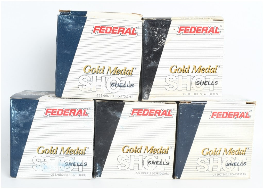A Lot of 125 Federal Gold Medal Sporting Clays Shotgun Ammunition 28 Gauge: This lot consists of 125 shotgun shells contained in five boxes of Federal Gold Medal Sporting Clays ammunition. The exterior packaging specifies the contents are 28-gauge, 2 3/4-inch shells with a 3/