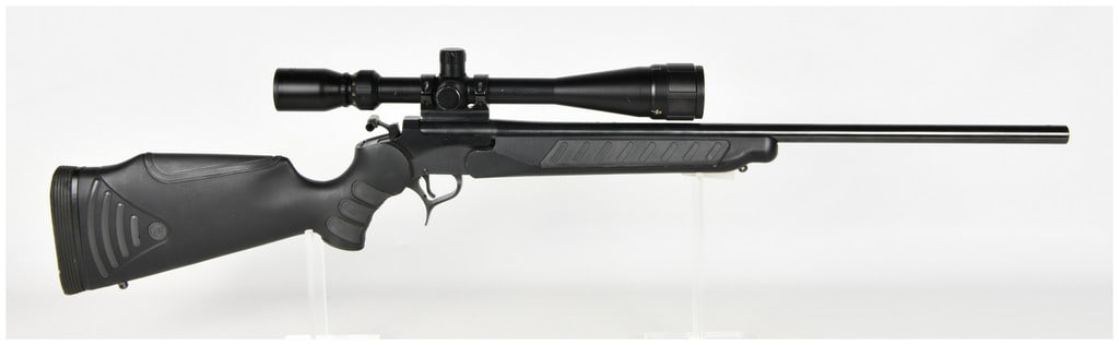 Thompson/Center Encore Single Shot Break-Action Rifle .22-250 Remington with Blued Steel Barrel: This is a Thompson/Center Encore single-shot break-action rifle chambered in .22-250 Remington, designed for precision long-range shooting and varmint hunting. The firearm features a blued steel barre