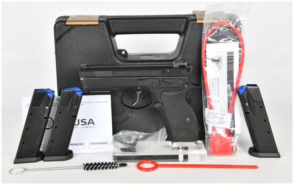 CZ 75 P-01 Omega Semi-Automatic Pistol 9x19mm with 3.75 Inch Barrel: This is a CZ 75 P-01 Omega semi-automatic pistol chambered in 9x19mm, featuring a compact aluminum alloy frame and an integrated accessory rail. The pistol is equipped with a 3.75 inch barrel and a sl