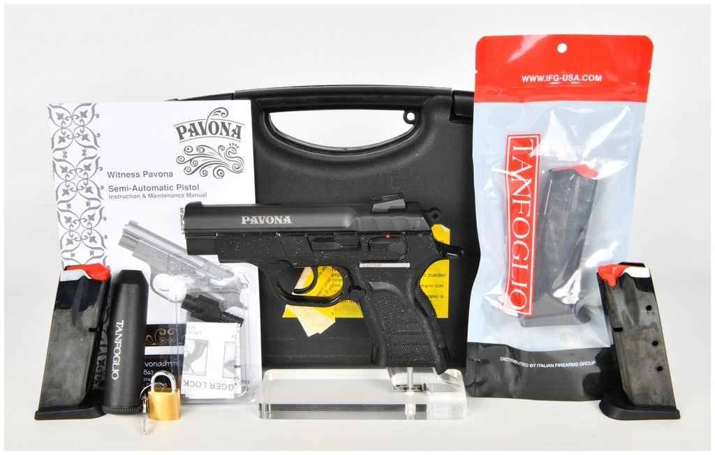 EAA Tanfoglio Witness Pavona Semi-Automatic Pistol 9mm with 3.6 Inch Barrel: This lot features an EAA Tanfoglio Witness Pavona semi-automatic pistol chambered in 9x19mm. The firearm is configured with a 3.6-inch barrel and is built on a compact polymer frame with a matte black