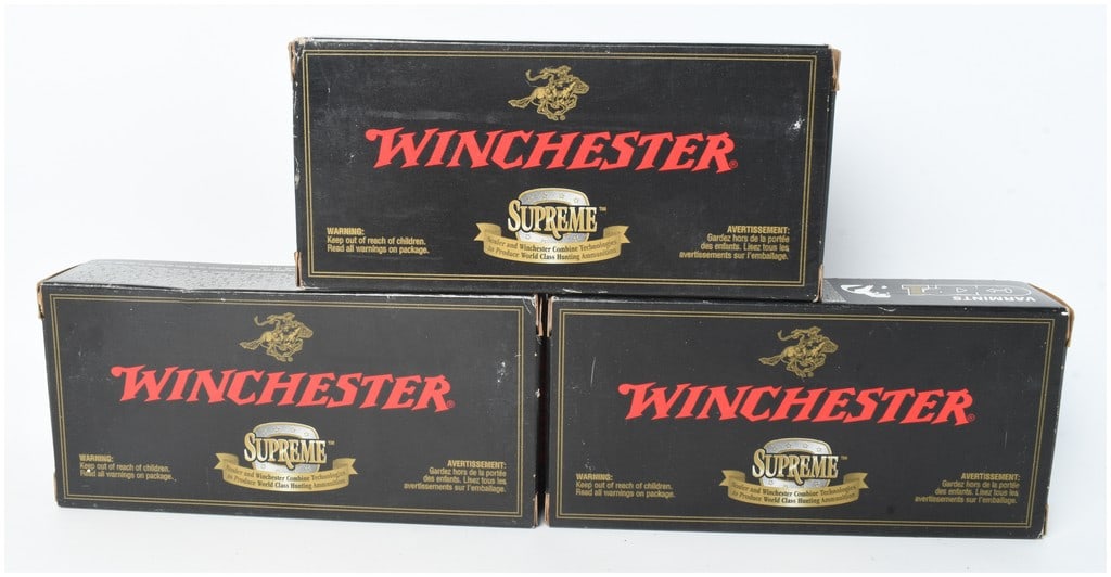 A Lot of 60 Winchester Supreme Ballistic Silvertip Ammunition .22-250 Remington: This lot consists of sixty rounds of Winchester Supreme Ballistic Silvertip ammunition chambered in .22-250 Remington, organized into three factory-original boxes containing twenty rounds each. These 