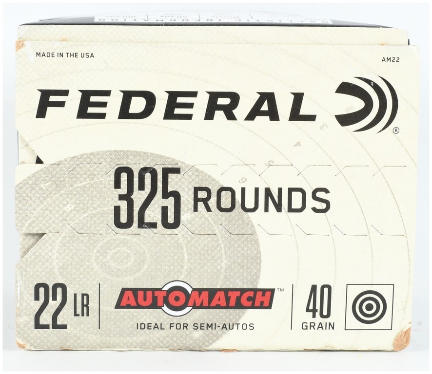 Federal AutoMatch .22 LR Ammunition 325 Rounds: A single box of Federal AutoMatch .22 Long Rifle rimfire ammunition containing a total of 325 rounds. This load features 40-grain solid lead projectiles designed for a muzzle velocity of 1,200 feet pe