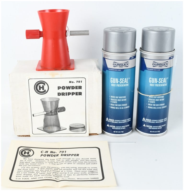 Three Vintage Reloading and Gun Care Items Including C-H Powder Dripper and Gunslick Gun-Seal: This lot features three items related to firearm maintenance and ammunition reloading, consisting of one C-H No. 701 Powder Dripper and two cans of Gunslick Pro Gun-Seal rust preventative. The powder 