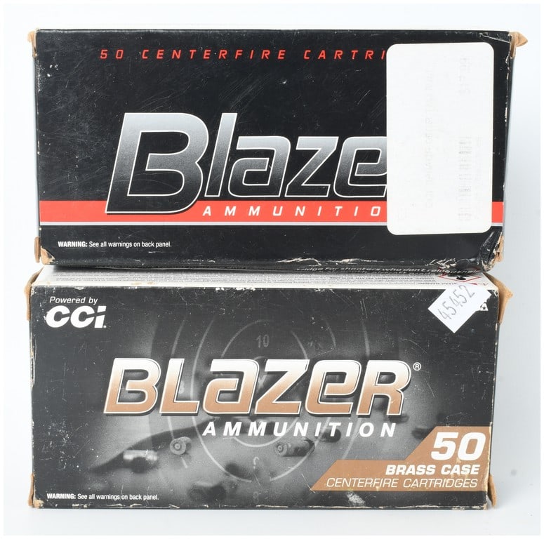 A Lot of 100 Rounds of CCI Blazer Centerfire Handgun Ammunition in .380 Auto and .45 Auto: This lot comprises 100 rounds of Blazer brand centerfire handgun ammunition, consisting of two 50-round factory boxes. The first box contains .380 Auto caliber ammunition featuring 95-grain full metal