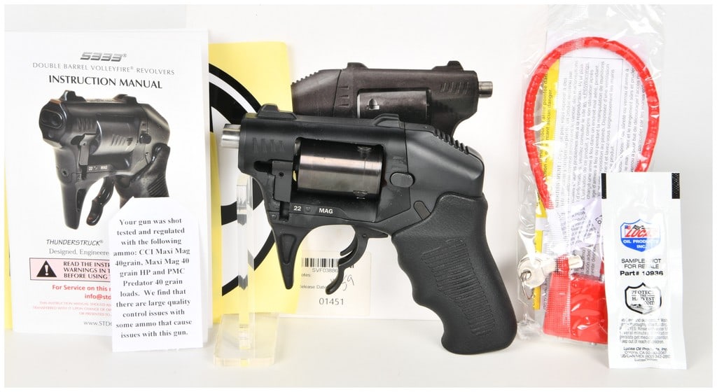 Standard Manufacturing S333 Thunderstruck Double Action Revolver .22 Magnum with 1.25 Inch Barrels: This auction lot features one Standard Manufacturing S333 Thunderstruck double-action-only volleyfire revolver chambered in .22 Magnum. This unique firearm is designed for personal defense, utilizing 