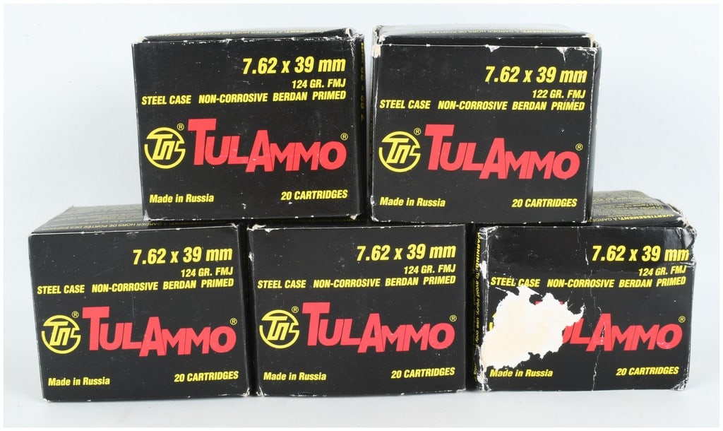 A Lot of 100 Rounds of TulAmmo 7.62x39mm Full Metal Jacket Ammunition: This lot consists of 100 rounds of Russian-made TulAmmo brand 7.62x39mm rifle ammunition, distributed across five individual boxes of 20 cartridges each. The collection includes four boxes of 124 grai