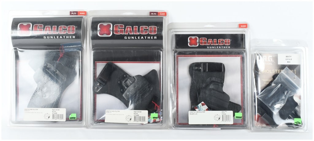 Four Galco Gunleather and L.A.G. Tactical Handgun Holsters: A group of four new-in-package handgun holsters from Galco Gunleather and L.A.G. Tactical. The collection includes three Galco KingTuk Inside-the-Waistband (IWB) hybrid holsters featuring black leathe