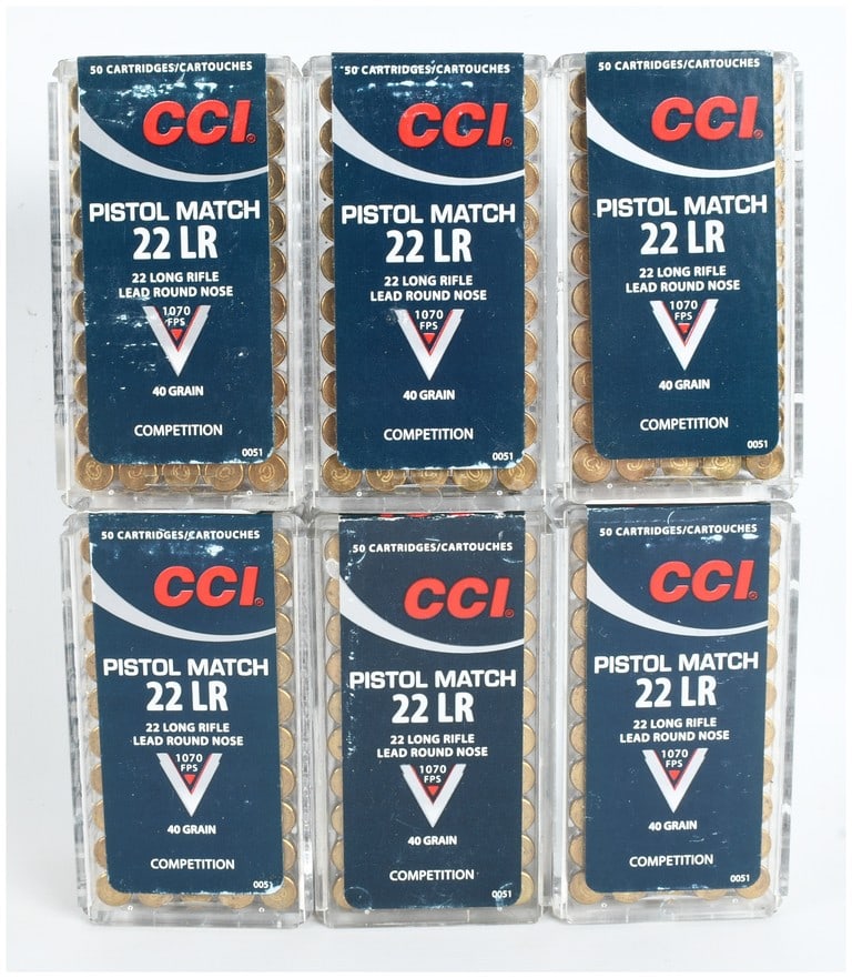 A Lot of 300 Rounds of CCI Pistol Match Ammunition .22 Long Rifle: This lot comprises 300 rounds of CCI Pistol Match .22 Long Rifle ammunition, contained in six clear plastic slide-top boxes of 50 cartridges each. Intended for competition shooting, these rounds utili